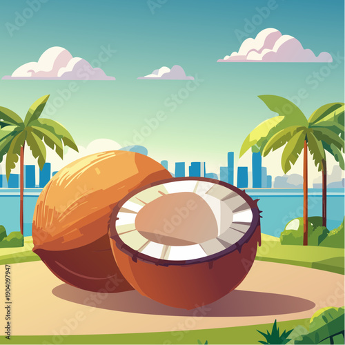 Brązowy dojrzały kokos z widocznym białym miąższem 