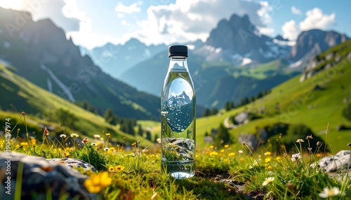 Pure Mountain Spring Water Bottle in Lush Green Alpine Landscape.