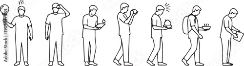 Man's Daily Activities Sequence Line Drawing Isolated on White Background