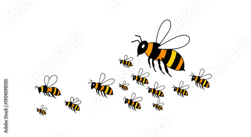 Illustrative depiction of a vibrant bee swarm in motion, showcasing a large queen bee guiding her busy workers with a sense of unity and industrious activity