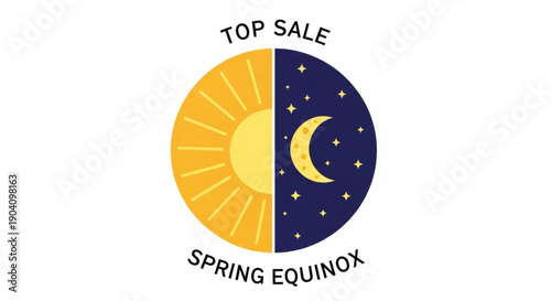 Spring equinox sale symbol with sun moon and stars on white background