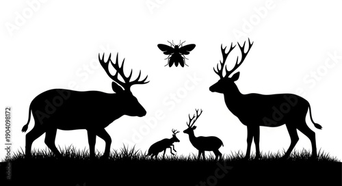 Silhouette of deer and butterfly on grass.