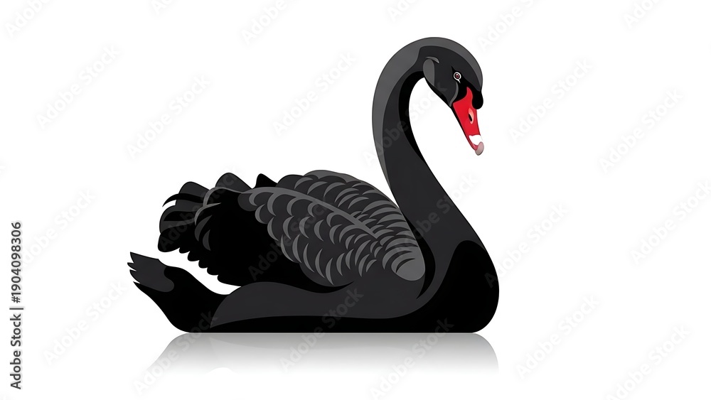 Obraz premium Elegant black swan gracefully floating on white background illustration.