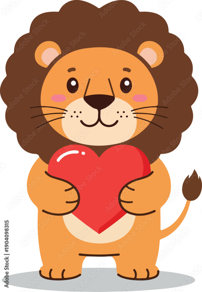 Naklejka premium Cute Lion Holding Red Heart Flat Vector Illustration