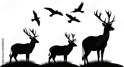 Silhouette of three deer and flying birds against a white background.