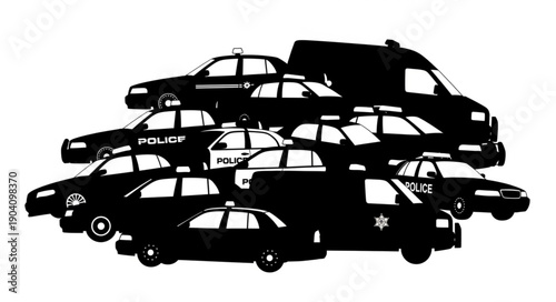 Silhouette of police cars and van in a group.