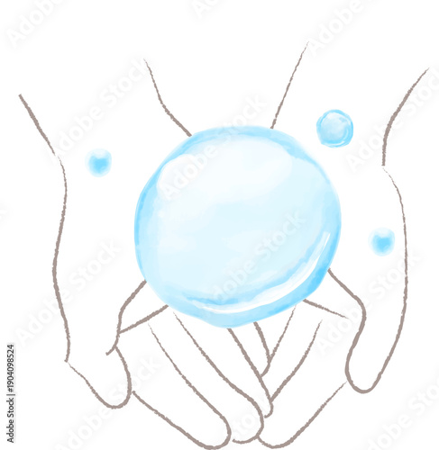 水彩で描いた水を包む手のイラスト