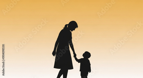 Silhouette of mother holding childs hand walking together.