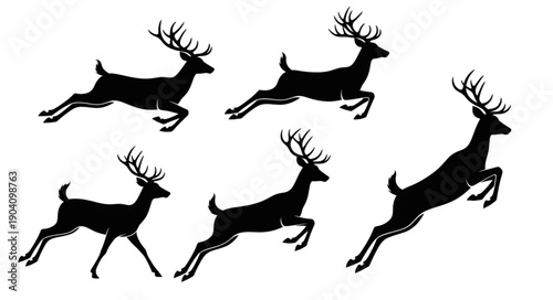 Silhouette of Five Running Deer with Antlers.