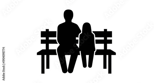 Silhouette of father and child sitting on park bench.