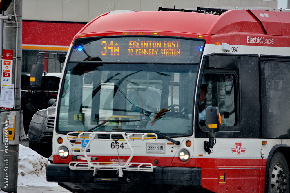 Fototapeta premium Toronto public transport TTC 34 Eglinton East Bus on Eglinton Avenue. Toronto, Ontario, Canada, February 6, 2026: Toronto public transport TTC 34 Eglinton East Bus makes its way along Eglinton Avenue 
