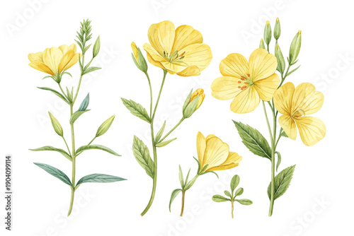 Slika na platnu Watercolor Evening Primrose Flower Clipart, Yellow Botanical Illustration, isola