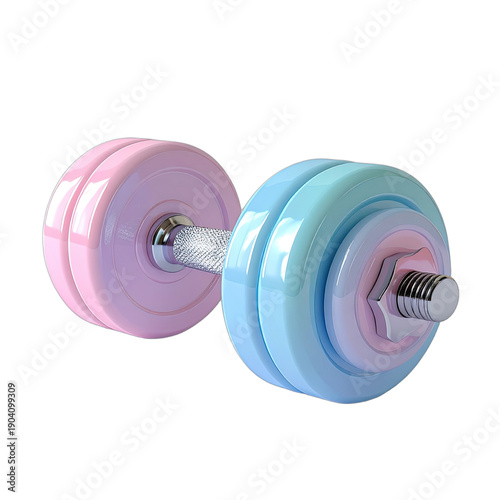 Cartoon-style dumbbell, pastel pink and blue weights, chrome bar, and black background