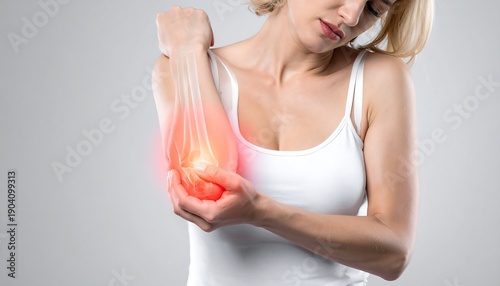 Wallpaper Mural Woman experiencing elbow pain with visible inflammation and discomfort. Torontodigital.ca