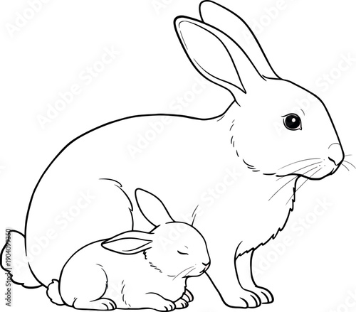 Illustrated Mother Rabbit Standing with Sleeping Baby Bunny on White Background