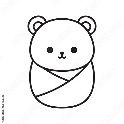 Cute baby bear wrapped in a cozy blanket line art illustration. Simple hand drawn doodle of swaddled bear cub for coloring book or nursery decor.

