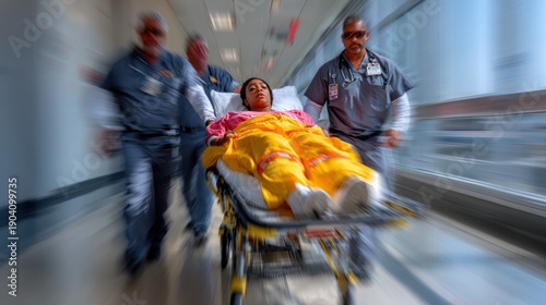 Emergency medical team rushing a patient on a stretcher through a hospital hallway