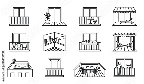 Exterior building balconies with fence vector illustration isolated on transparent background