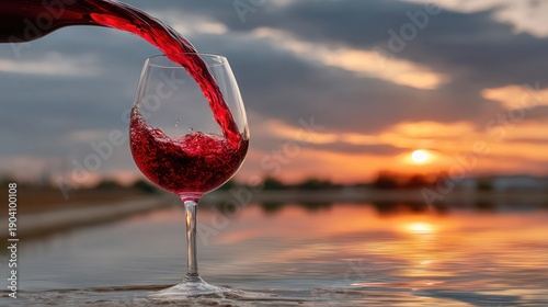 Crimson liquid pouring into glass, reflecting sunset over water