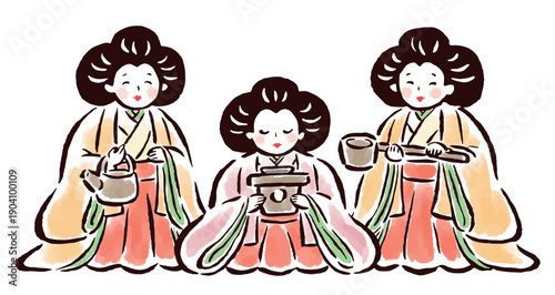 三人官女　筆タッチ手描きイラスト