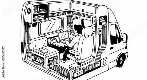 Man Working Inside a Van Interior.