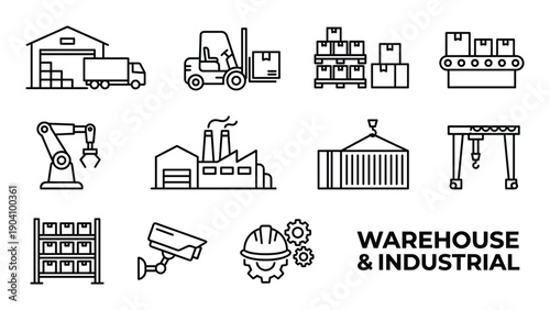 Industrial warehouse icon set including manufacturing tools forklift factory building storage crane