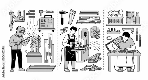 Three Craftsmen Working on Various Projects.