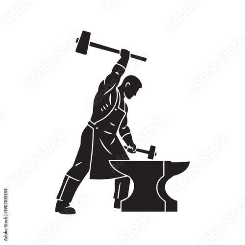 Blacksmith Silhouette Working at Anvil with Hammer, Industrial Metalwork Forge and Craftsmanship Icon
