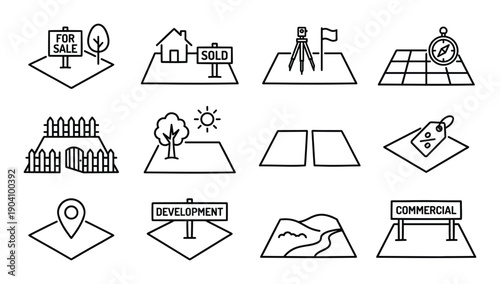 Land for sale icon set including development site survey tools commercial plot and topographical map