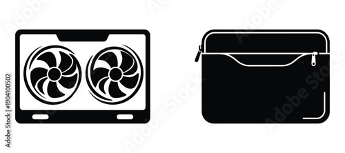 Modern graphics card with two coolers and laptop bag on transparent background vector illustration