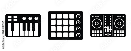 Music production equipment icon set featuring midi keyboard and drum pad controller silhouette art
