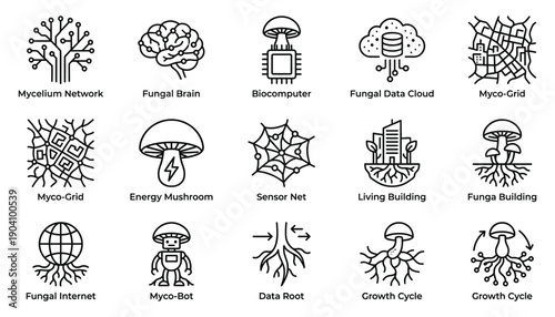 Mycelium network and fungal technology line icons set smart agriculture and futuristic development