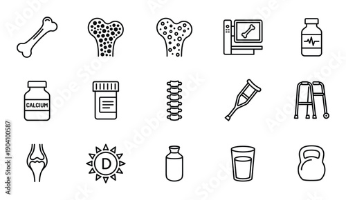 Orthopedic medicine line icon collection with bone health and medical equipment on transparent grid
