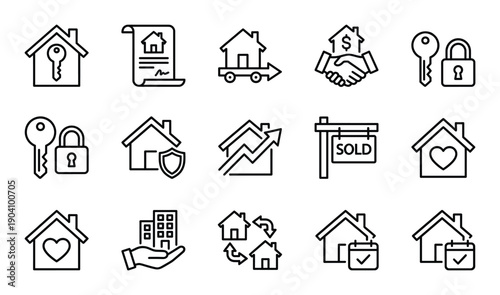 Real estate linear icons set on transparent background for property and construction theme