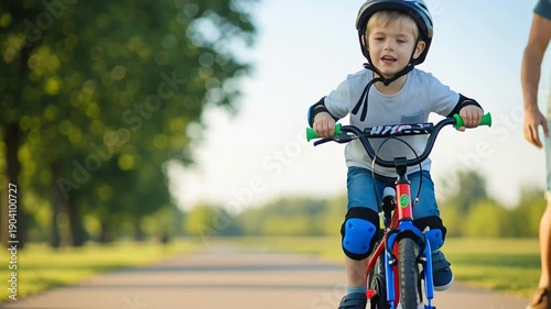 Father teaching son to ride bicycle.