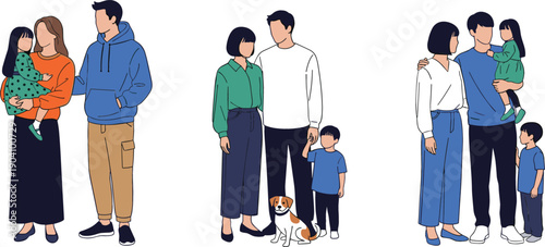 Flat vector illustration set of three diverse families in casual attire, featuring parents, children, and a pet dog