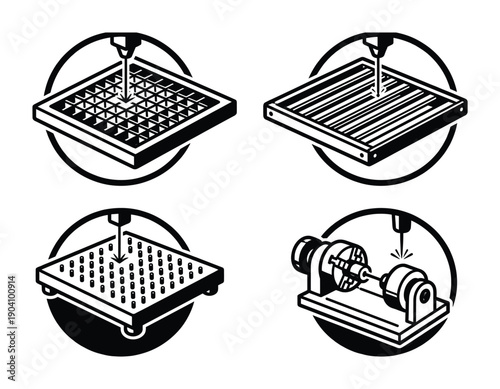 Simple flat black silhouette of cnc milling machine vector design icon set