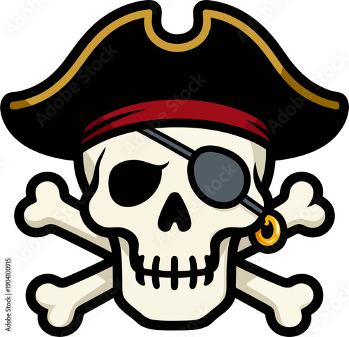 Cartoon Pirate Skull and Crossbones Icon with Eyepatch and Tricorn Hat