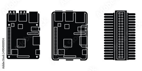 Simple flat black silhouette of raspberry pi board single board computer vector design icon