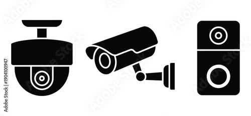 Simple flat black silhouette of surveillance security camera and speaker vector design icon