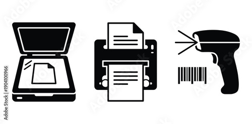 Simple flat black silhouette of scanner printer barcode reader vector design icon set
