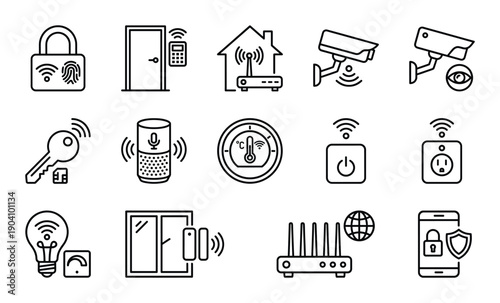 Smart home technology icon set including security camera wifi lock router and smart speaker symbols