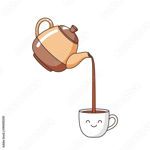 Delightful cartoon teapot gracefully pouring a comforting stream of hot beverage into a charming, smiling mug, perfect for illustrating a cheerful morning ritual or a cozy moment