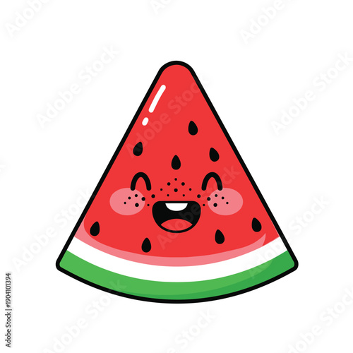 Cute Kawaii Watermelon Slice Character with Happy Face and Blushing Cheeks, Vector Illustration