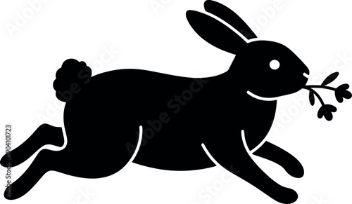Simple Black Rabbit Hopping with Plant in Mouth on White Background