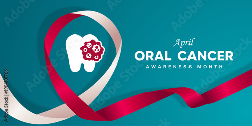 April is Oral Cancer Awareness Month. Ribbon, cancer and tooth. Great for cards, banners, posters, social media and more. Green background.