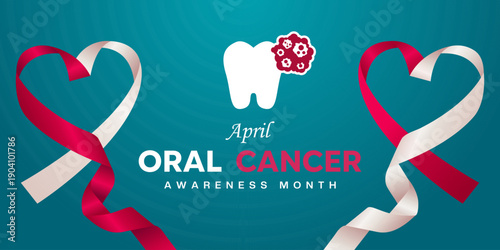 April is Oral Cancer Awareness Month. Heart shape ribbon, cancer and tooth. Great for cards, banners, posters, social media and more. Green background.