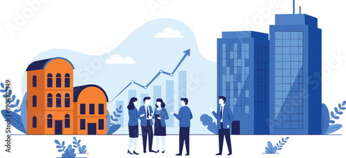 Flat vector illustration of business professionals discussing strategy in front of city buildings with a rising growth chart