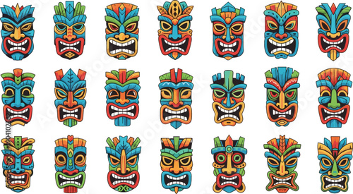 Flat vector illustration set of twenty-one colorful Polynesian-style tiki masks with various expressions and tribal carved details