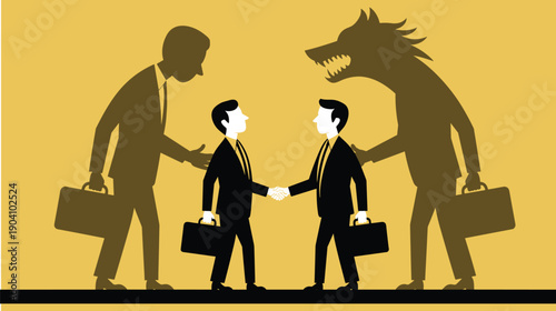 Two Businessmen Shaking Hands with a Wolf Shadow, Concept of Deceptive Partnerships, Wolf in Sheep's Clothing, Corporate Betrayal, and Hidden Predatory Motives Vector Illustration